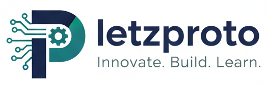Letzproto logo: 'P' with circuit and gear, wordmark 'letzproto' and tagline 'Innovate. Build. Learn.'